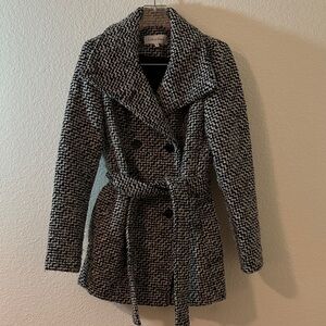 Calvin Klein Black & White Wool-Blend Belted Coat – XS, Double-Breasted Jacket‎